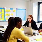 **A diverse group of high school students working alongside a mentor, a marketing executive, in a modern office setting. The students are engaged in a brainstorming session, with sticky notes and laptops scattered around a table. The atmosphere is collaborative and energetic, conveying a sense of real-world learning and mentorship.**