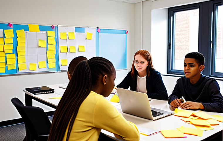 **A diverse group of high school students working alongside a mentor, a marketing executive, in a modern office setting. The students are engaged in a brainstorming session, with sticky notes and laptops scattered around a table. The atmosphere is collaborative and energetic, conveying a sense of real-world learning and mentorship.**
