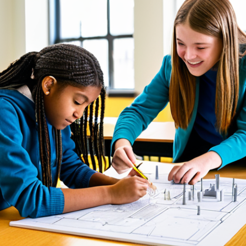 Home 6 A diverse group of middle school students, fully clothed in modest, appropriate attire, are actively collaborating around a large table in a modern, brightly lit classroom. They are engaged in designing a miniature city model, with some sketching plans, others assembling small structures, and one student pointing to a blueprint. The atmosphere is vibrant with focused creativity and teamwork. Perfect anatomy, correct proportions, natural pose, well-formed hands, proper finger count, natural body proportions. Professional photography, high quality, safe for work, appropriate content, family-friendly.