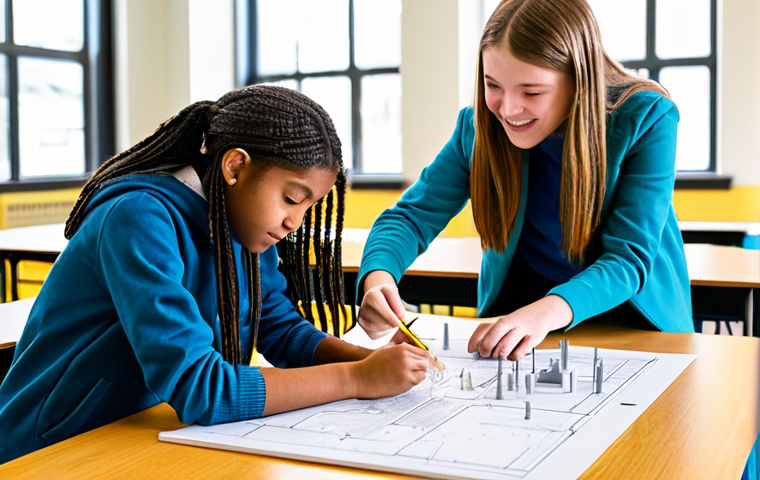 A diverse group of middle school students, fully clothed in modest, appropriate attire, are actively collaborating around a large table in a modern, brightly lit classroom. They are engaged in designing a miniature city model, with some sketching plans, others assembling small structures, and one student pointing to a blueprint. The atmosphere is vibrant with focused creativity and teamwork. Perfect anatomy, correct proportions, natural pose, well-formed hands, proper finger count, natural body proportions. Professional photography, high quality, safe for work, appropriate content, family-friendly.