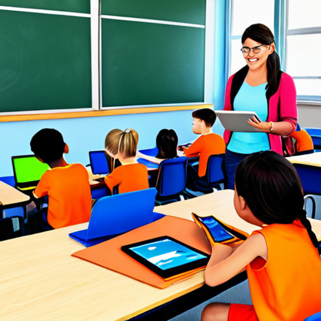 Personalized Learning**
"A bright, modern classroom filled with diverse students working on tablets, each displaying different lessons, a teacher assisting individual students, fully clothed, appropriate attire, safe for work, perfect anatomy, natural proportions, colorful and engaging, professional illustration, high quality, family-friendly."
**