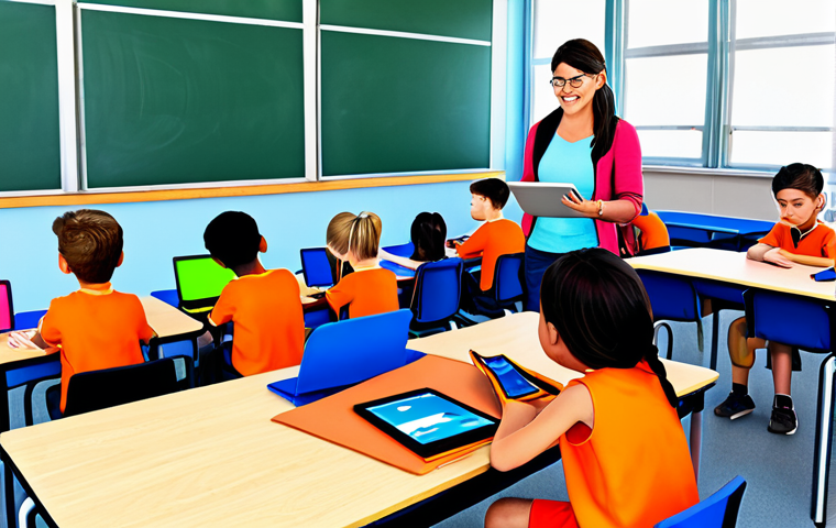 Personalized Learning**

"A bright, modern classroom filled with diverse students working on tablets, each displaying different lessons, a teacher assisting individual students, fully clothed, appropriate attire, safe for work, perfect anatomy, natural proportions, colorful and engaging, professional illustration, high quality, family-friendly."

**
