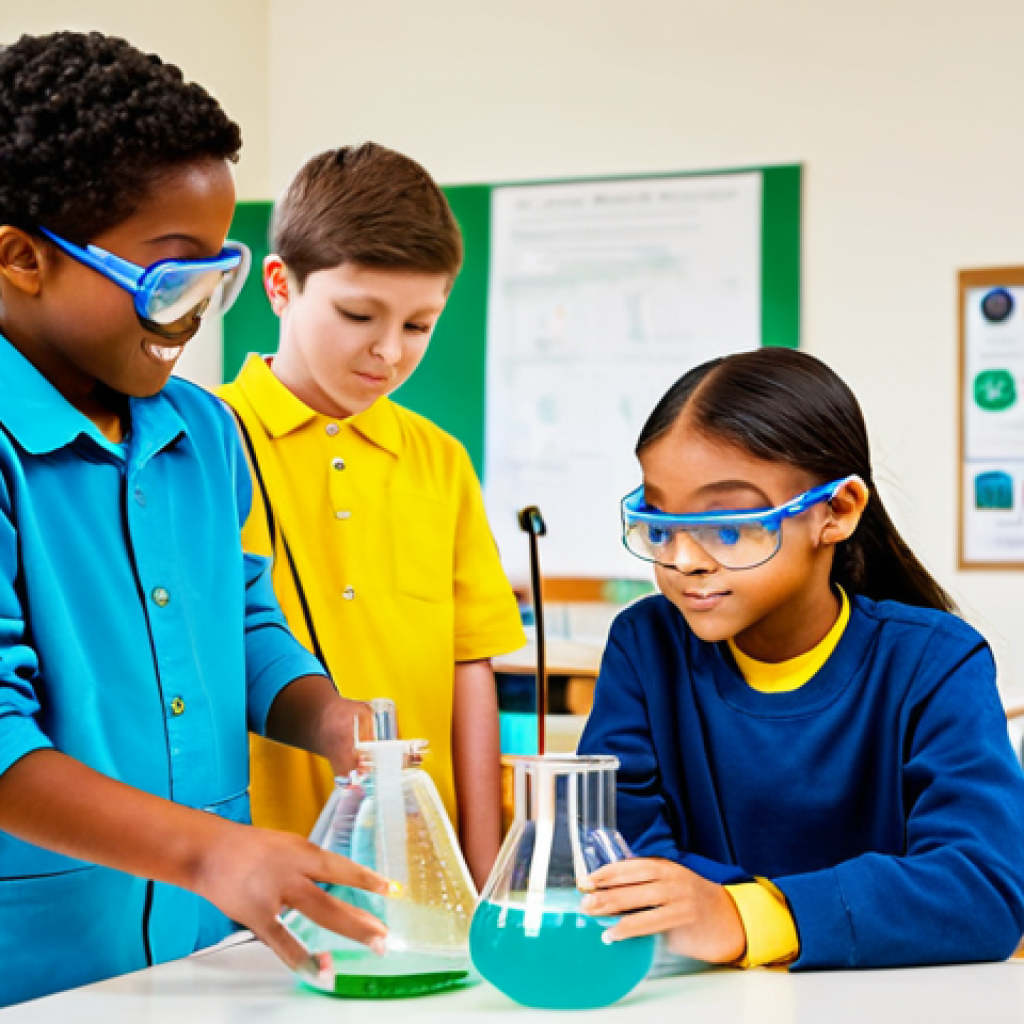 전인적 교육 접근과 협력적 학습 환경 조성 - A diverse group of elementary school students engaged in a hands-on science experiment in a brightly...
