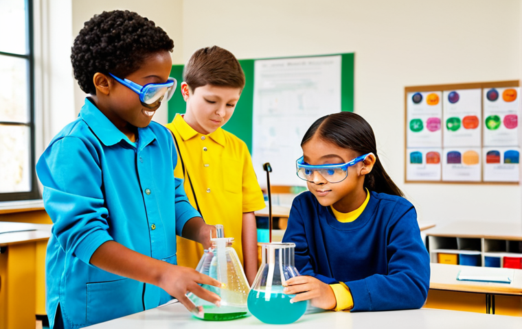 전인적 교육 접근과 협력적 학습 환경 조성 - A diverse group of elementary school students engaged in a hands-on science experiment in a brightly...