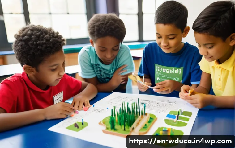 전인적 교육 접근에서의 창의성 개발 - **Prompt:** A vibrant, sunlit classroom bustling with diverse children (aged 8-12) actively engaged ...