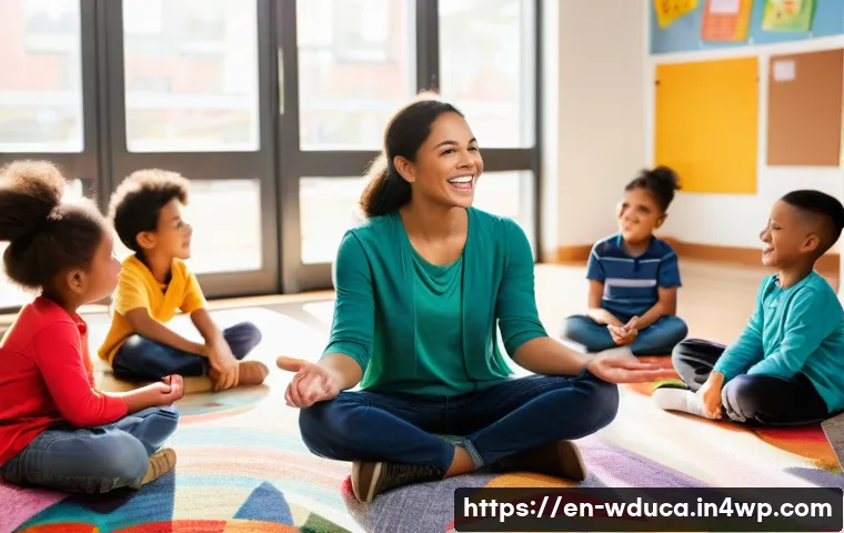 전인적 교육 접근과 사회적 감정 학습 - A diverse elementary school classroom scene showing young students sitting in a circle on a colorful...