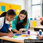 Home 19 전인적 교육 접근과 다학문적 교육의 융합 - A vibrant classroom scene showing diverse students engaged in a cross-disciplinary project blending ...