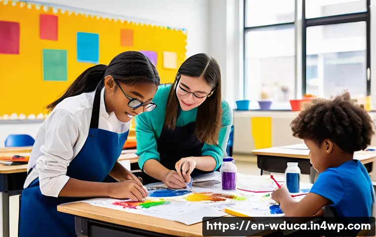 전인적 교육 접근과 다학문적 교육의 융합 - A vibrant classroom scene showing diverse students engaged in a cross-disciplinary project blending ...