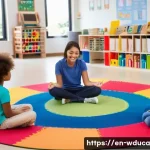 Home 18 전인적 교육 접근을 적용한 수업 사례 - A diverse classroom scene showing elementary school students sitting in a circle on colorful mats, e...