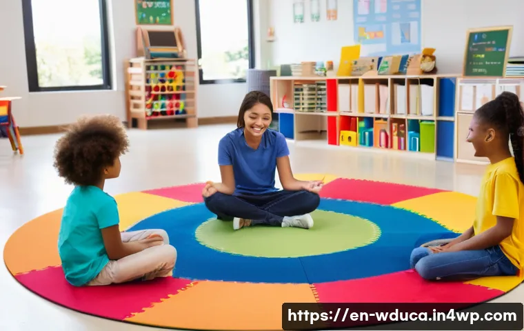 전인적 교육 접근을 적용한 수업 사례 - A diverse classroom scene showing elementary school students sitting in a circle on colorful mats, e...