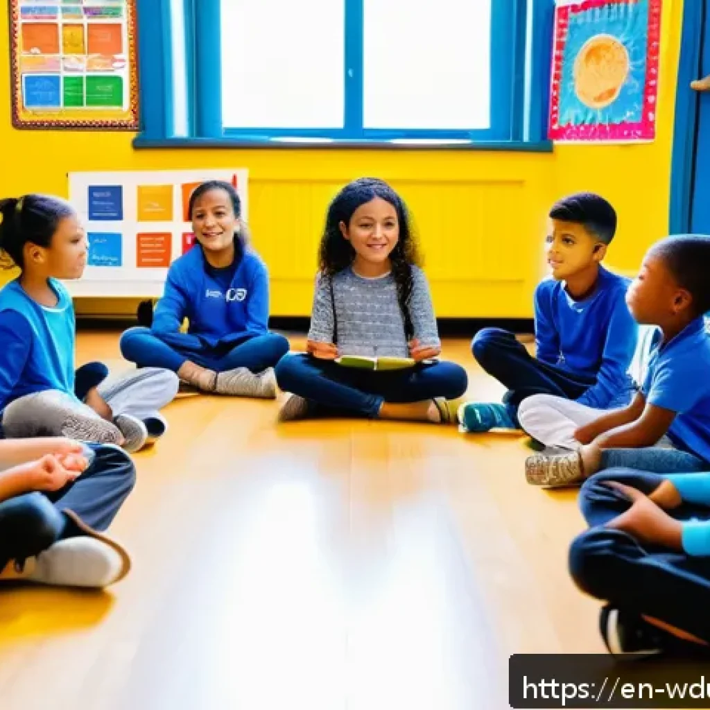 전인적 교육 접근과 인성 교육의 통합 - A diverse elementary classroom scene showing children sitting in a circle during “circle time,” shar...
