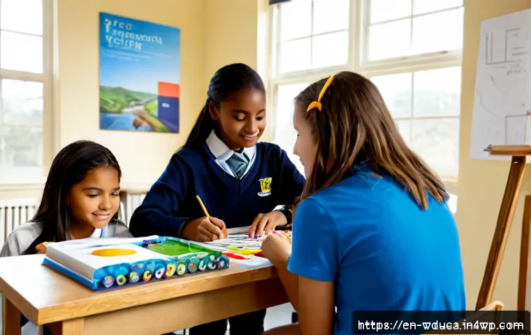 전인적 교육 접근의 이론적 배경 - Photorealistic wide classroom scene illustrating holistic education, a diverse group of middle-schoo...
