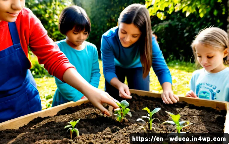 전인적 교육 접근과 생태 교육의 연계 - Photorealistic outdoor learning scene at a community garden, a diverse group of elementary school ch...
